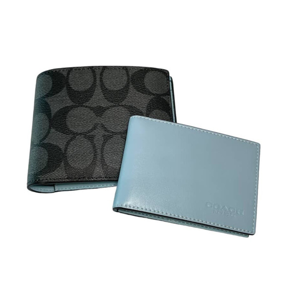 Coach Boxed 3 In 1 Signature Wallet  Charcoal / Bright Blue - Picture 1 of 10